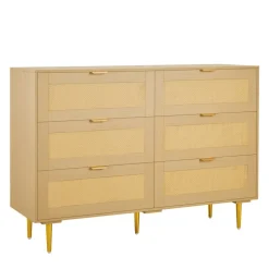 VEVOR 6 Drawer Rattan Dresser, Double Dresser for Bedroom, Natural Rattan Chest of Drawers with Metal Handles & Legs, Modern Wood Chest Clothing Organizer & Storage for Bedroom, Living Room, Hallway