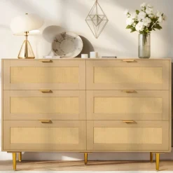 VEVOR 6 Drawer Rattan Dresser, Double Dresser for Bedroom, Natural Rattan Chest of Drawers with Metal Handles & Legs, Modern Wood Chest Clothing Organizer & Storage for Bedroom, Living Room, Hallway