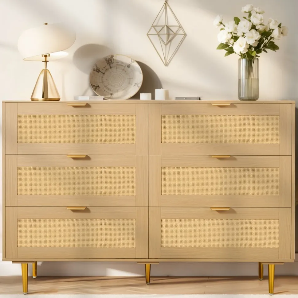 VEVOR 6 Drawer Rattan Dresser, Double Dresser for Bedroom, Natural Rattan Chest of Drawers with Metal Handles & Legs, Modern Wood Chest Clothing Organizer & Storage for Bedroom, Living Room, Hallway