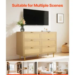 VEVOR 6 Drawer Rattan Dresser, Double Dresser for Bedroom, Natural Rattan Chest of Drawers with Metal Handles & Legs, Modern Wood Chest Clothing Organizer & Storage for Bedroom, Living Room, Hallway