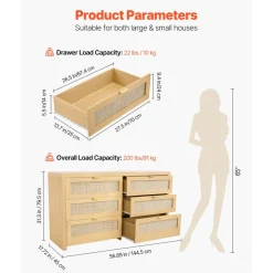 VEVOR 6 Drawer Rattan Dresser, Double Dresser for Bedroom, Natural Rattan Chest of Drawer with Metal Handle, Modern Wood Chest Clothing Organizer & Storage for Bedroom, Living Room, Hallway, Burlywood