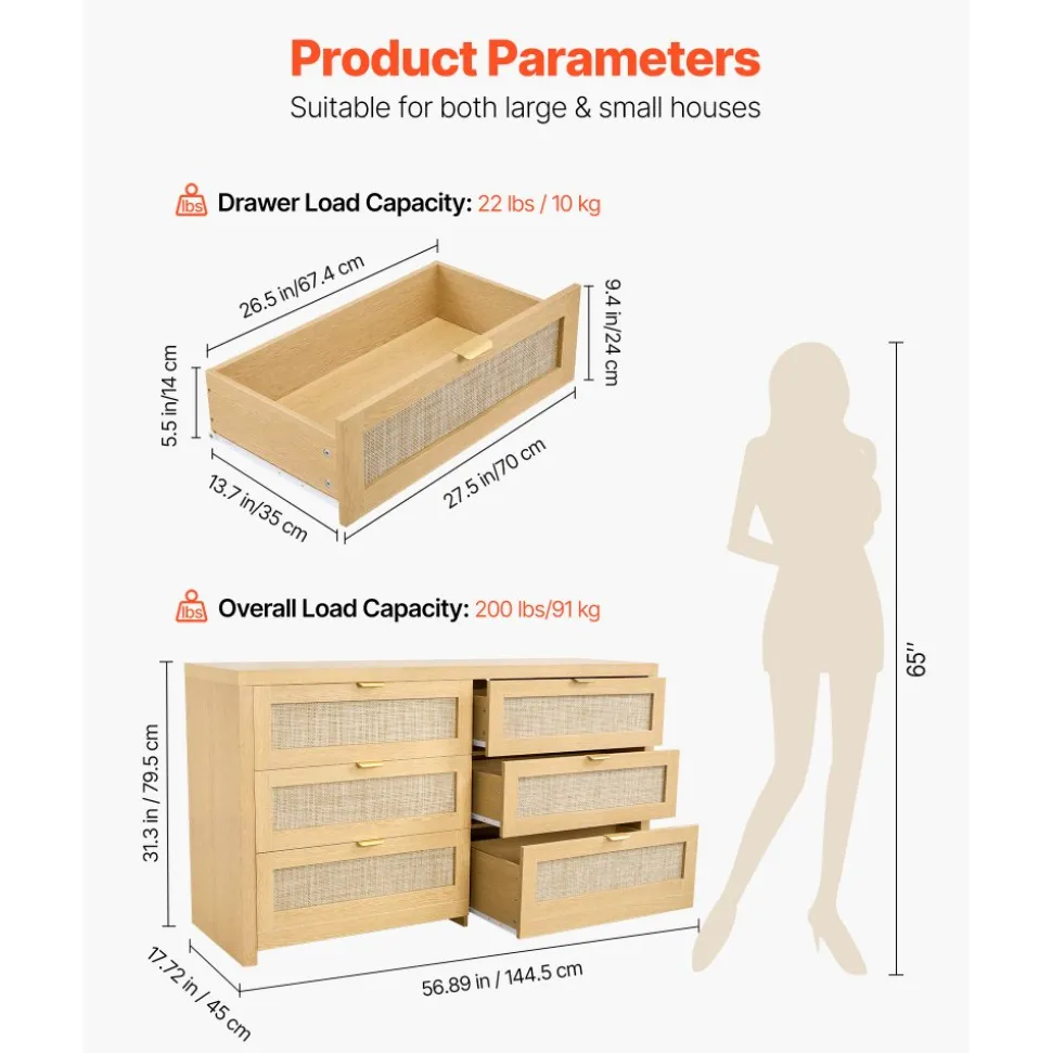 VEVOR 6 Drawer Rattan Dresser, Double Dresser for Bedroom, Natural Rattan Chest of Drawer with Metal Handle, Modern Wood Chest Clothing Organizer & Storage for Bedroom, Living Room, Hallway, Burlywood