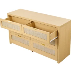 VEVOR 6 Drawer Rattan Dresser, Double Dresser for Bedroom, Natural Rattan Chest of Drawer with Metal Handle, Modern Wood Chest Clothing Organizer & Storage for Bedroom, Living Room, Hallway, Burlywood