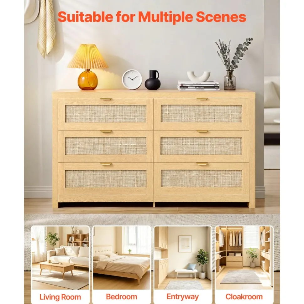 VEVOR 6 Drawer Rattan Dresser, Double Dresser for Bedroom, Natural Rattan Chest of Drawer with Metal Handle, Modern Wood Chest Clothing Organizer & Storage for Bedroom, Living Room, Hallway, Burlywood