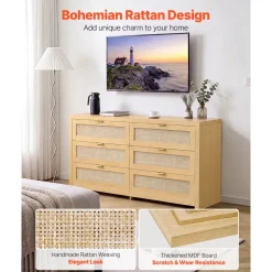 VEVOR 6 Drawer Rattan Dresser, Double Dresser for Bedroom, Natural Rattan Chest of Drawer with Metal Handle, Modern Wood Chest Clothing Organizer & Storage for Bedroom, Living Room, Hallway, Burlywood