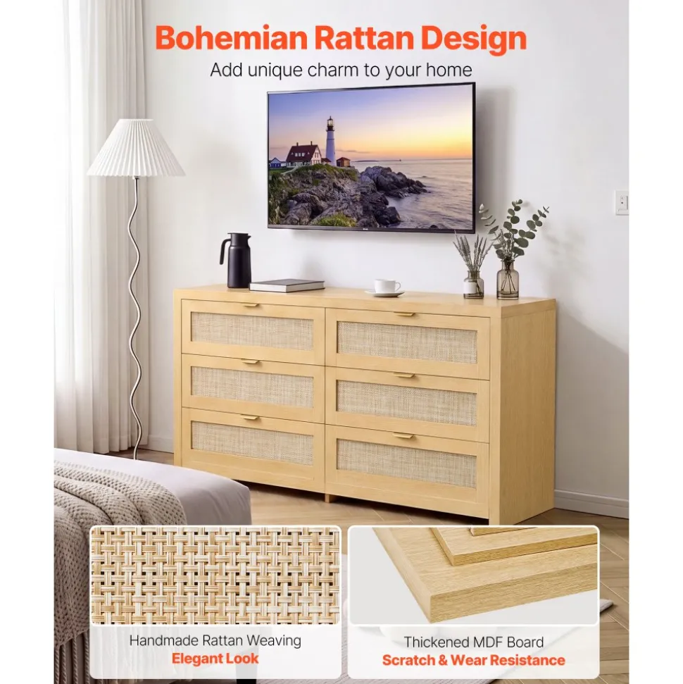 VEVOR 6 Drawer Rattan Dresser, Double Dresser for Bedroom, Natural Rattan Chest of Drawer with Metal Handle, Modern Wood Chest Clothing Organizer & Storage for Bedroom, Living Room, Hallway, Burlywood