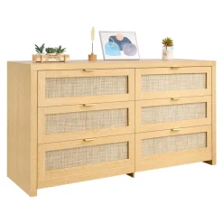VEVOR 6 Drawer Rattan Dresser, Double Dresser for Bedroom, Natural Rattan Chest of Drawer with Metal Handle, Modern Wood Chest Clothing Organizer & Storage for Bedroom, Living Room, Hallway, Burlywood