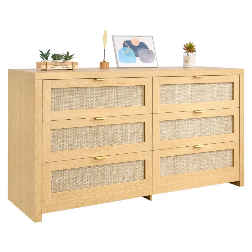 VEVOR 6 Drawer Rattan Dresser, Double Dresser for Bedroom, Natural Rattan Chest of Drawer with Metal Handle, Modern Wood Chest Clothing Organizer & Storage for Bedroom, Living Room, Hallway, Burlywood