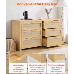 VEVOR 6 Drawer Rattan Dresser, Double Dresser for Bedroom, Natural Rattan Chest of Drawer with Metal Handle, Modern Wood Chest Clothing Organizer & Storage for Bedroom, Living Room, Hallway, Burlywood