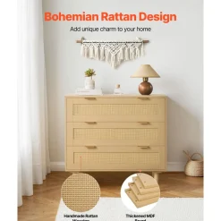 VEVOR 3 Drawer Rattan Dresser, Modern Closet Dresser for Bedroom, Natural Rattan Chest of Drawers with Metal Handles & Wooden Legs, Chest Clothing Organizer & Storage for Bedroom, Living Room, Hallway