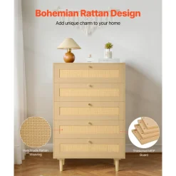 VEVOR 5 Drawer Rattan Dresser, Modern Closet Dresser for Bedroom, Natural Rattan Chest of Drawers with Metal Handles & Wooden Legs, Chest Clothing Organizer & Storage for Bedroom, Living Room, Hallway