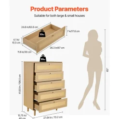 VEVOR 5 Drawer Rattan Dresser, Modern Closet Dresser for Bedroom, Natural Rattan Chest of Drawers with Metal Handles & Wooden Legs, Chest Clothing Organizer & Storage for Bedroom, Living Room, Hallway