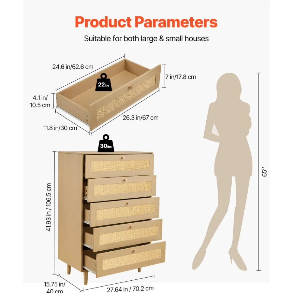 VEVOR 5 Drawer Rattan Dresser, Modern Closet Dresser for Bedroom, Natural Rattan Chest of Drawers with Metal Handles & Wooden Legs, Chest Clothing Organizer & Storage for Bedroom, Living Room, Hallway