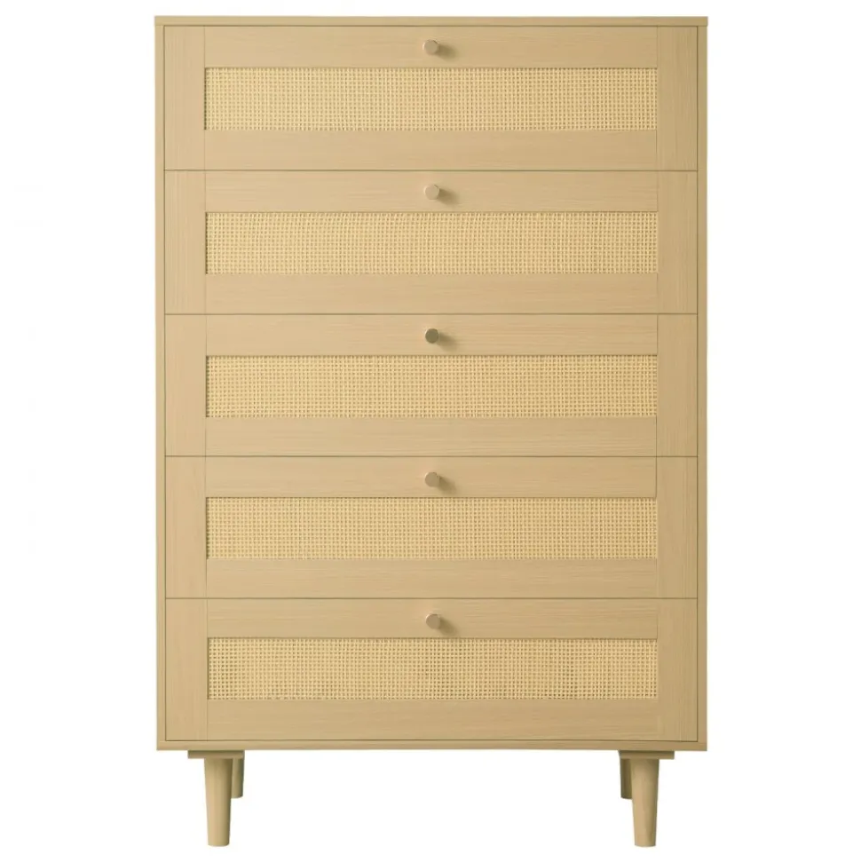 VEVOR 5 Drawer Rattan Dresser, Modern Closet Dresser for Bedroom, Natural Rattan Chest of Drawers with Metal Handles & Wooden Legs, Chest Clothing Organizer & Storage for Bedroom, Living Room, Hallway
