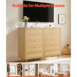 VEVOR 5 Drawer Rattan Dresser, Modern Closet Dresser for Bedroom, Natural Rattan Chest of Drawers with Metal Handles & Wooden Legs, Chest Clothing Organizer & Storage for Bedroom, Living Room, Hallway