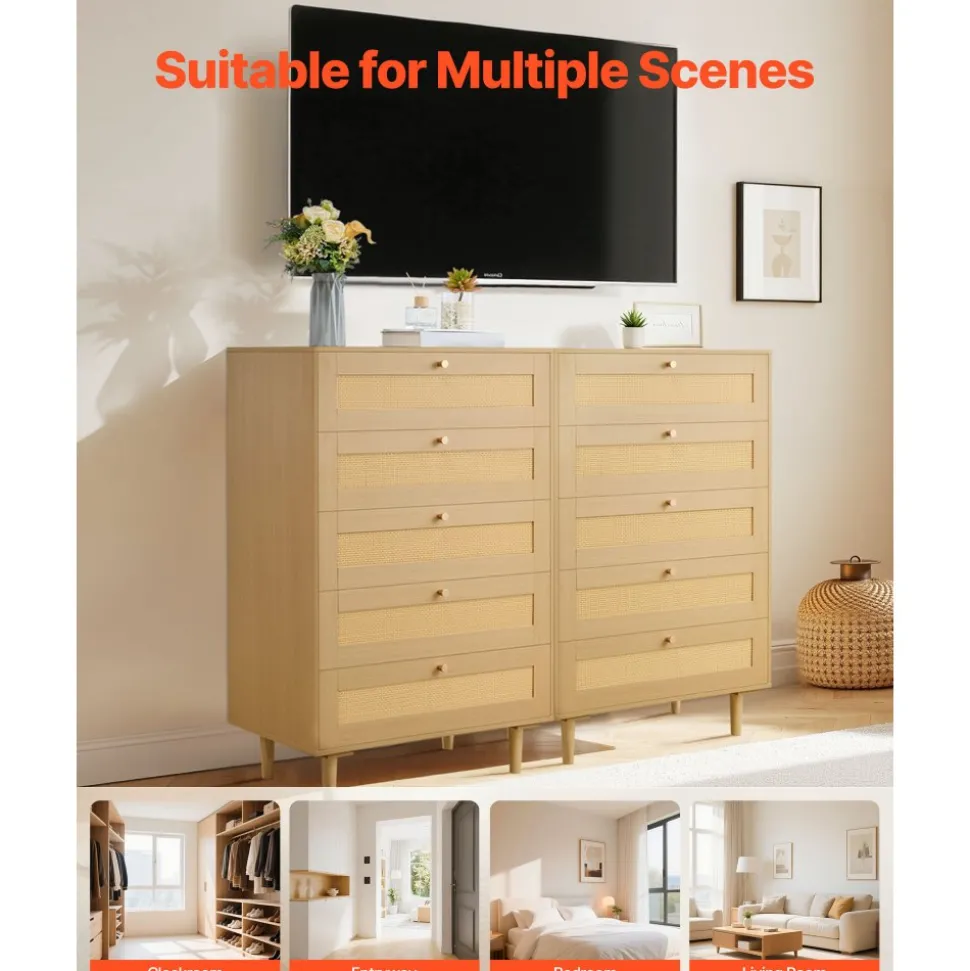 VEVOR 5 Drawer Rattan Dresser, Modern Closet Dresser for Bedroom, Natural Rattan Chest of Drawers with Metal Handles & Wooden Legs, Chest Clothing Organizer & Storage for Bedroom, Living Room, Hallway