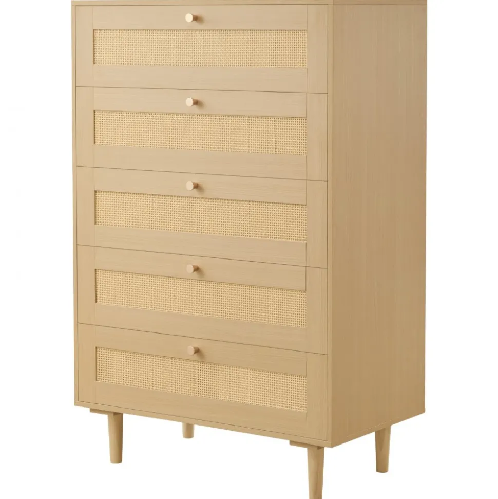 VEVOR 5 Drawer Rattan Dresser, Modern Closet Dresser for Bedroom, Natural Rattan Chest of Drawers with Metal Handles & Wooden Legs, Chest Clothing Organizer & Storage for Bedroom, Living Room, Hallway