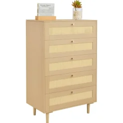 VEVOR 5 Drawer Rattan Dresser, Modern Closet Dresser for Bedroom, Natural Rattan Chest of Drawers with Metal Handles & Wooden Legs, Chest Clothing Organizer & Storage for Bedroom, Living Room, Hallway