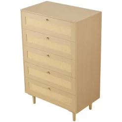 VEVOR 5 Drawer Rattan Dresser, Modern Closet Dresser for Bedroom, Natural Rattan Chest of Drawers with Metal Handles & Wooden Legs, Chest Clothing Organizer & Storage for Bedroom, Living Room, Hallway