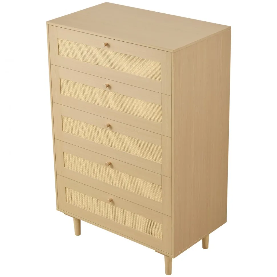 VEVOR 5 Drawer Rattan Dresser, Modern Closet Dresser for Bedroom, Natural Rattan Chest of Drawers with Metal Handles & Wooden Legs, Chest Clothing Organizer & Storage for Bedroom, Living Room, Hallway