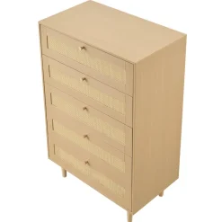 VEVOR 5 Drawer Rattan Dresser, Modern Closet Dresser for Bedroom, Natural Rattan Chest of Drawers with Metal Handles & Wooden Legs, Chest Clothing Organizer & Storage for Bedroom, Living Room, Hallway