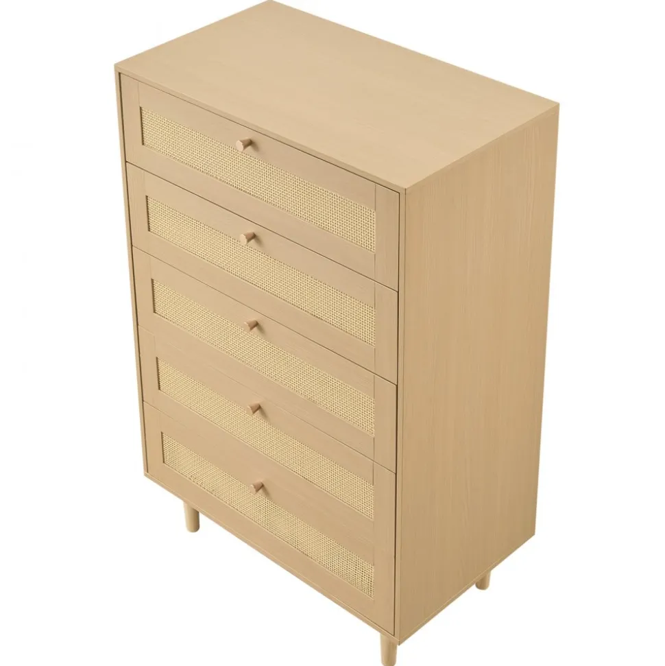 VEVOR 5 Drawer Rattan Dresser, Modern Closet Dresser for Bedroom, Natural Rattan Chest of Drawers with Metal Handles & Wooden Legs, Chest Clothing Organizer & Storage for Bedroom, Living Room, Hallway