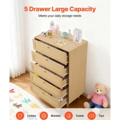 VEVOR 5 Drawer Rattan Dresser, Modern Closet Dresser for Bedroom, Natural Rattan Chest of Drawers with Metal Handles & Wooden Legs, Chest Clothing Organizer & Storage for Bedroom, Living Room, Hallway