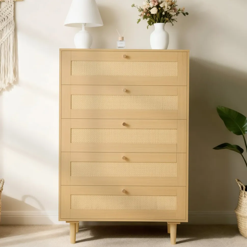 VEVOR 5 Drawer Rattan Dresser, Modern Closet Dresser for Bedroom, Natural Rattan Chest of Drawers with Metal Handles & Wooden Legs, Chest Clothing Organizer & Storage for Bedroom, Living Room, Hallway