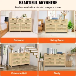 VEVOR 7 Drawer Rattan Dresser, Natural Rattan Wood Dressers with LED Light, Modern Wood Chest Clothing Organizer & Storage Boho Dresser with Sturdy Handles & Legs, for Bedroom, Living Room & Hallway