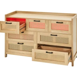 VEVOR 7 Drawer Rattan Dresser, Natural Rattan Wood Dressers with LED Light, Modern Wood Chest Clothing Organizer & Storage Boho Dresser with Sturdy Handles & Legs, for Bedroom, Living Room & Hallway
