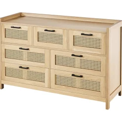 VEVOR 7 Drawer Rattan Dresser, Natural Rattan Wood Dressers with LED Light, Modern Wood Chest Clothing Organizer & Storage Boho Dresser with Sturdy Handles & Legs, for Bedroom, Living Room & Hallway