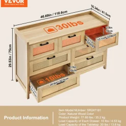 VEVOR 7 Drawer Rattan Dresser, Natural Rattan Wood Dressers with LED Light, Modern Wood Chest Clothing Organizer & Storage Boho Dresser with Sturdy Handles & Legs, for Bedroom, Living Room & Hallway