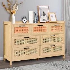 VEVOR 7 Drawer Rattan Dresser, Natural Rattan Wood Dressers with LED Light, Modern Wood Chest Clothing Organizer & Storage Boho Dresser with Sturdy Handles & Legs, for Bedroom, Living Room & Hallway