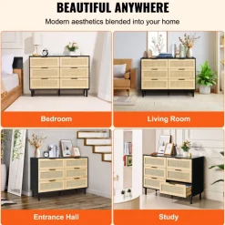 VEVOR 6 Drawer Rattan Dresser, Natural Rattan Closet Dresser with 6 Drawers, Modern Wood Chest Clothing Organizer & Storage Boho Dresser with Sturdy Handles & Legs, for Bedroom, Living Room & Hallway