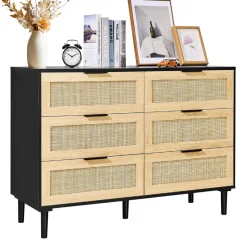 VEVOR 6 Drawer Rattan Dresser, Natural Rattan Closet Dresser with 6 Drawers, Modern Wood Chest Clothing Organizer & Storage Boho Dresser with Sturdy Handles & Legs, for Bedroom, Living Room & Hallway