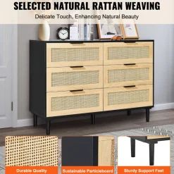 VEVOR 6 Drawer Rattan Dresser, Natural Rattan Closet Dresser with 6 Drawers, Modern Wood Chest Clothing Organizer & Storage Boho Dresser with Sturdy Handles & Legs, for Bedroom, Living Room & Hallway