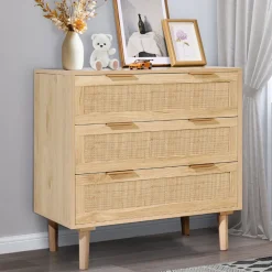 VEVOR 3 Drawer Rattan Dresser, Natural Rattan Closet Dresser with 3 Drawers, Modern Wood Chest Clothing Organizer & Storage Boho Dresser with Sturdy Handles & Legs, for Bedroom, Living Room & Hallway