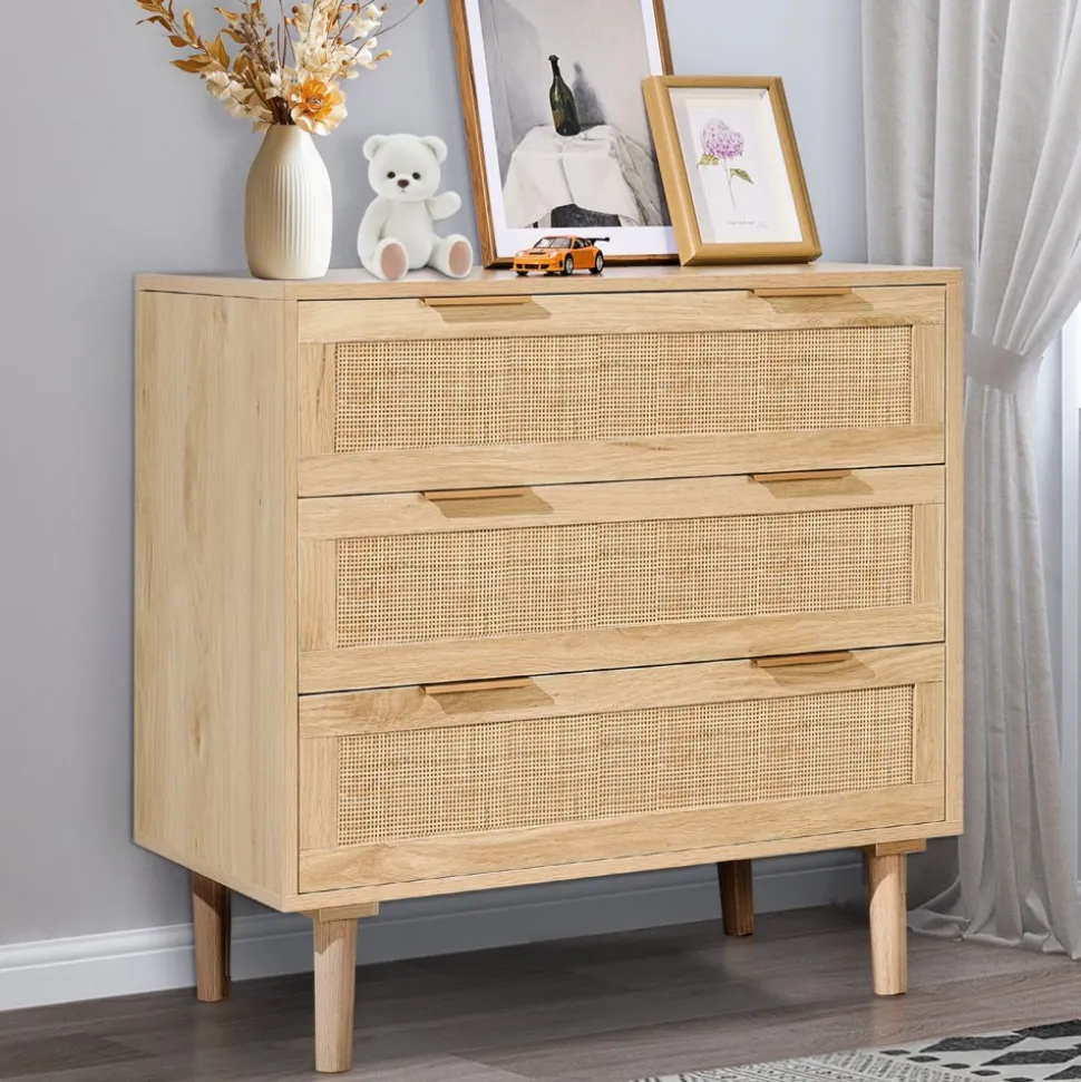 VEVOR 3 Drawer Rattan Dresser, Natural Rattan Closet Dresser with 3 Drawers, Modern Wood Chest Clothing Organizer & Storage Boho Dresser with Sturdy Handles & Legs, for Bedroom, Living Room & Hallway