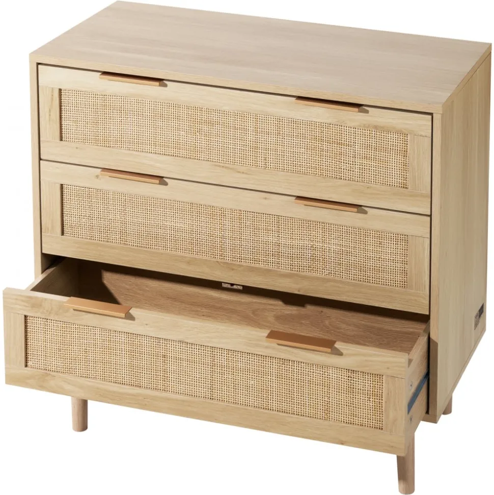 VEVOR 3 Drawer Rattan Dresser, Natural Rattan Closet Dresser with 3 Drawers, Modern Wood Chest Clothing Organizer & Storage Boho Dresser with Sturdy Handles & Legs, for Bedroom, Living Room & Hallway