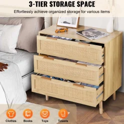 VEVOR 3 Drawer Rattan Dresser, Natural Rattan Closet Dresser with 3 Drawers, Modern Wood Chest Clothing Organizer & Storage Boho Dresser with Sturdy Handles & Legs, for Bedroom, Living Room & Hallway