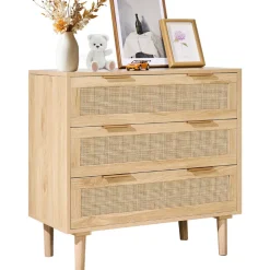 VEVOR 3 Drawer Rattan Dresser, Natural Rattan Closet Dresser with 3 Drawers, Modern Wood Chest Clothing Organizer & Storage Boho Dresser with Sturdy Handles & Legs, for Bedroom, Living Room & Hallway