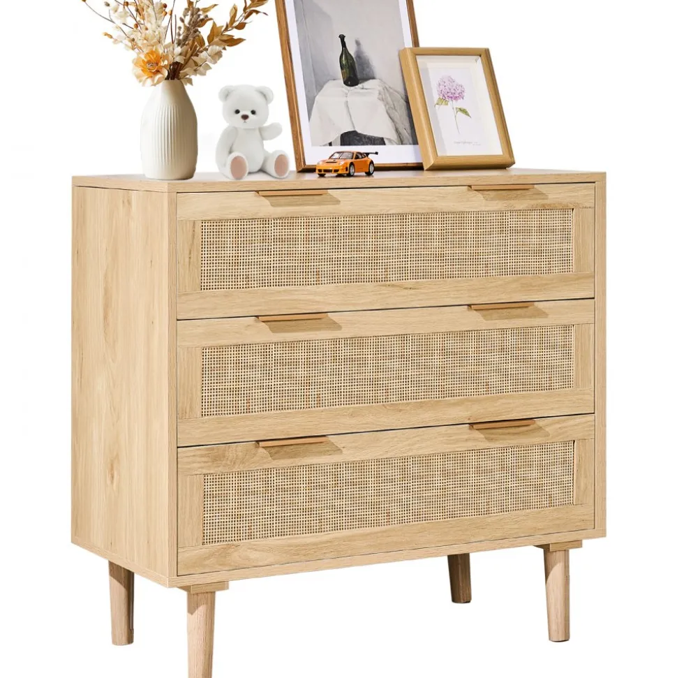 VEVOR 3 Drawer Rattan Dresser, Natural Rattan Closet Dresser with 3 Drawers, Modern Wood Chest Clothing Organizer & Storage Boho Dresser with Sturdy Handles & Legs, for Bedroom, Living Room & Hallway