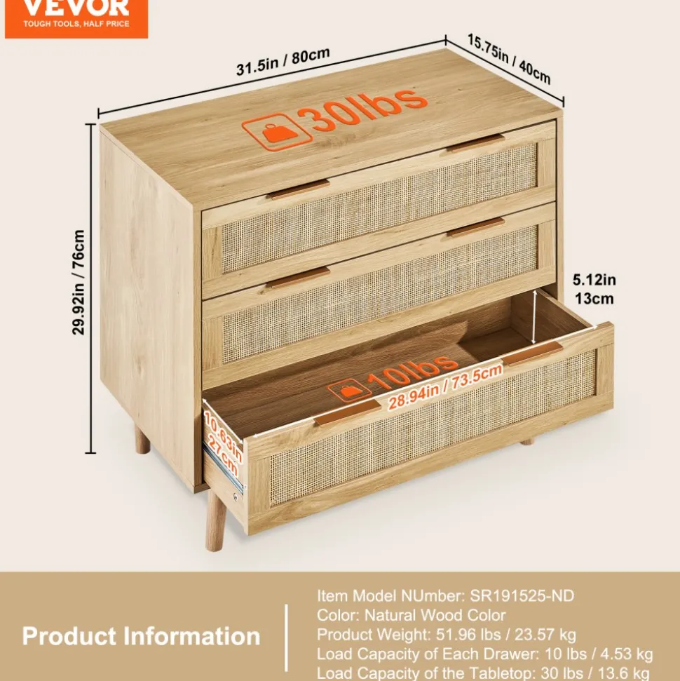 VEVOR 3 Drawer Rattan Dresser, Natural Rattan Closet Dresser with 3 Drawers, Modern Wood Chest Clothing Organizer & Storage Boho Dresser with Sturdy Handles & Legs, for Bedroom, Living Room & Hallway