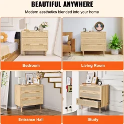 VEVOR 3 Drawer Rattan Dresser, Natural Rattan Closet Dresser with 3 Drawers, Modern Wood Chest Clothing Organizer & Storage Boho Dresser with Sturdy Handles & Legs, for Bedroom, Living Room & Hallway
