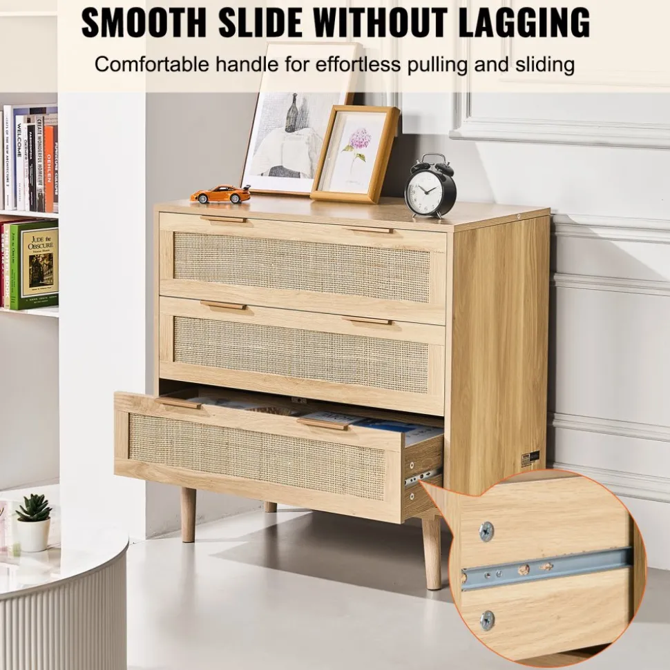 VEVOR 3 Drawer Rattan Dresser, Natural Rattan Closet Dresser with 3 Drawers, Modern Wood Chest Clothing Organizer & Storage Boho Dresser with Sturdy Handles & Legs, for Bedroom, Living Room & Hallway