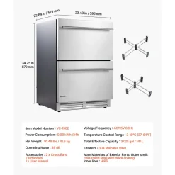VEVOR Drawer Refrigerator, 24 in Undercounter Beverage Fridge, Large Capacity, Drink Cooler with 304 Stainless Steel Drawers, Temp Control, Powerful Compressor, for Kitchen, Office & Game Room