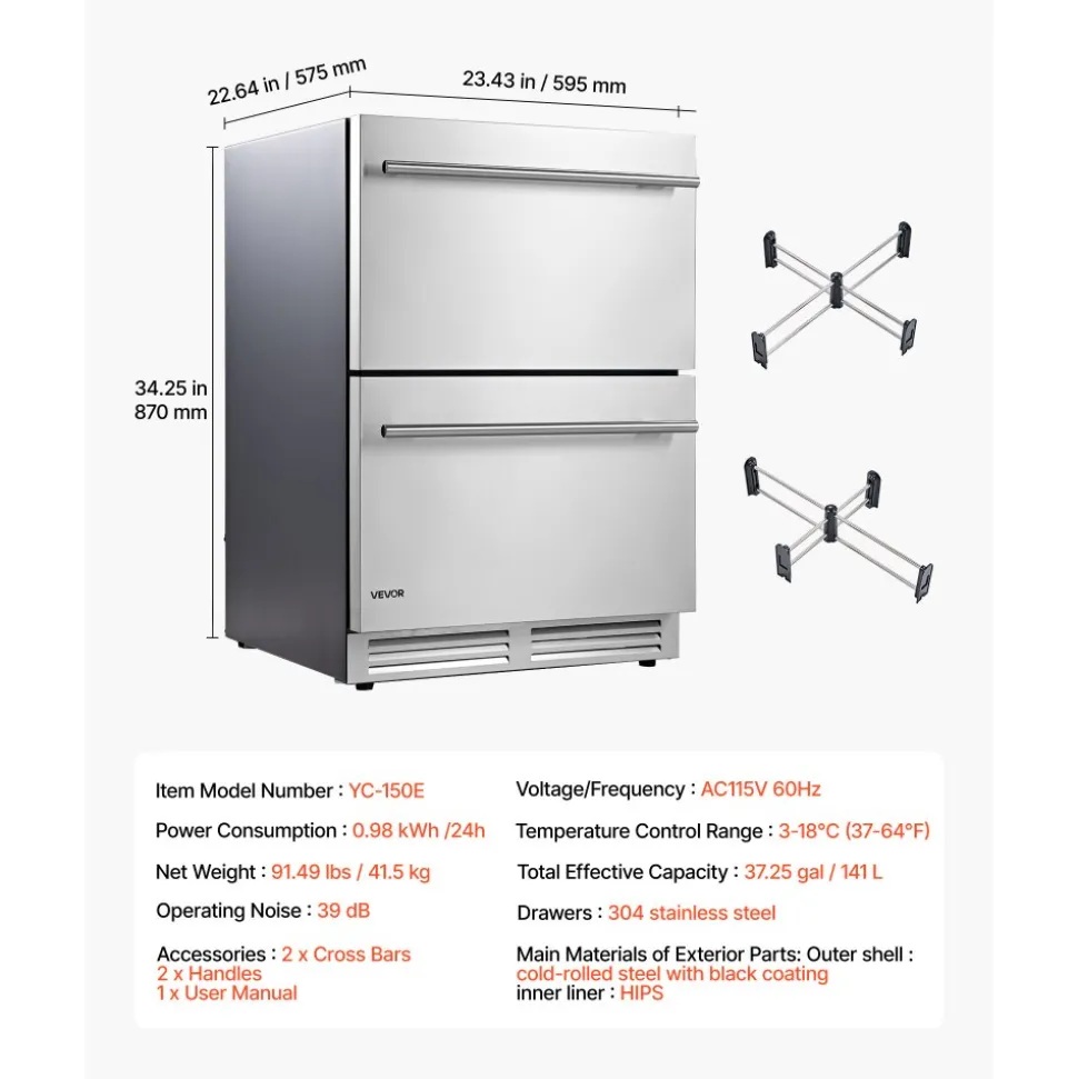 VEVOR Drawer Refrigerator, 24 in Undercounter Beverage Fridge, Large Capacity, Drink Cooler with 304 Stainless Steel Drawers, Temp Control, Powerful Compressor, for Kitchen, Office & Game Room