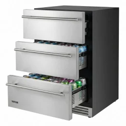 VEVOR 3-Drawer Refrigerator, 24 in Undercounter Beverage Cooler, Large Capacity Drink Fridge, 3 Separate Storage Zones, 304 Stainless Steel Drawers, Fast Cooling, for Kitchen, Game Room & Home Bar