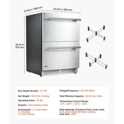 VEVOR Drawer Refrigerator with Freezer, 24 in Undercounter Fridge Freezer Combo, Beverage Cooler with 304 Stainless Steel Drawers, Freezing Section for Frozen Food, for Kitchen, Home Bar and Game Room