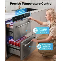 VEVOR Drawer Refrigerator with Freezer, 24 in Undercounter Fridge Freezer Combo, Beverage Cooler with 304 Stainless Steel Drawers, Freezing Section for Frozen Food, for Kitchen, Home Bar and Game Room